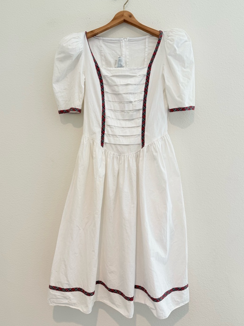 Gunne Sax Jessica McClintock White Prairie Dress Puff Sleeve Plaid Trim VTG